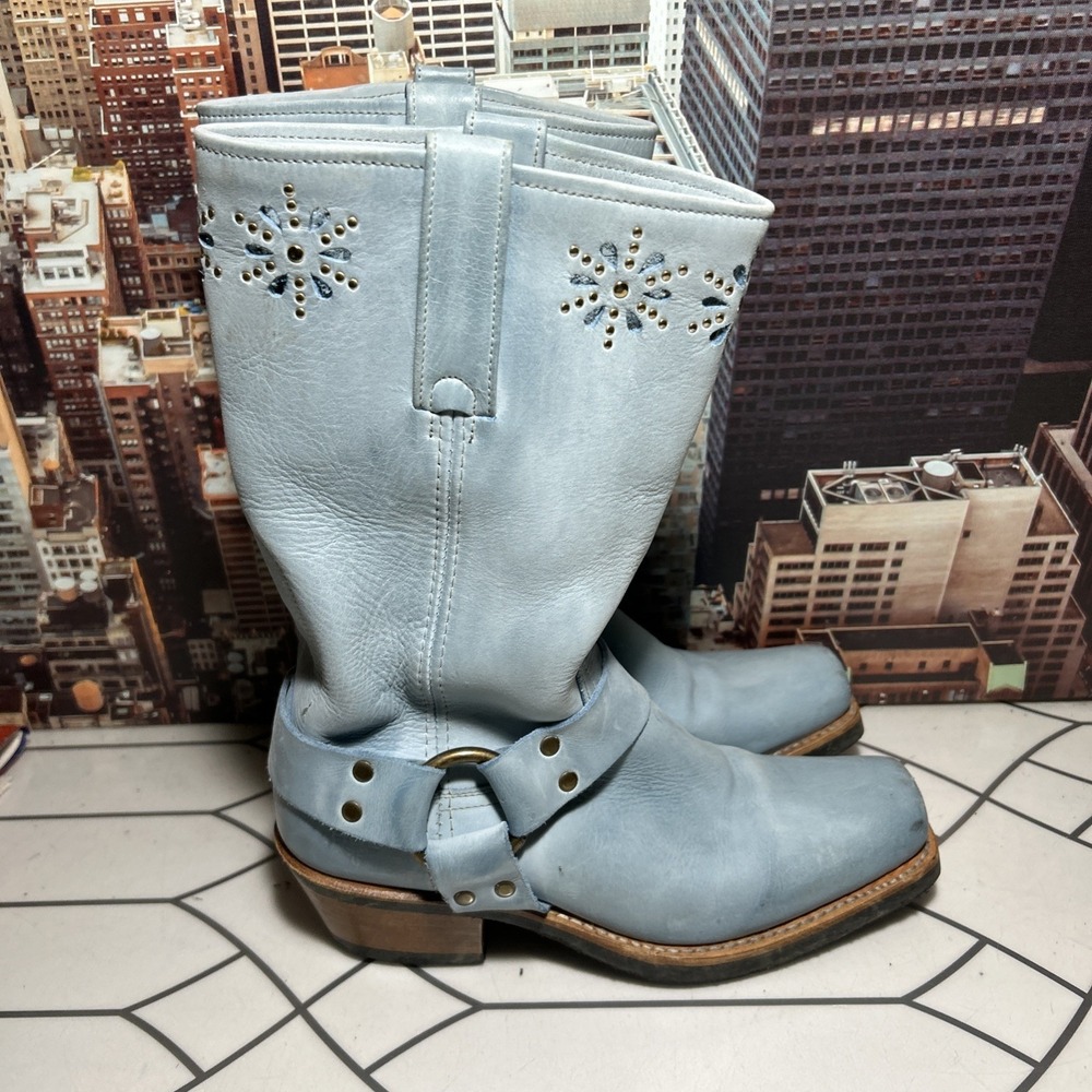 VTG Frye Harness Flower Boots Women 9 M blue   Square Western Studded Leather